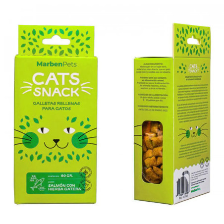 MARBEN PETS CATS SNACKS GALLETAS RELLENAS SABOR SALMON CON HIERBA GATERA 80 GR